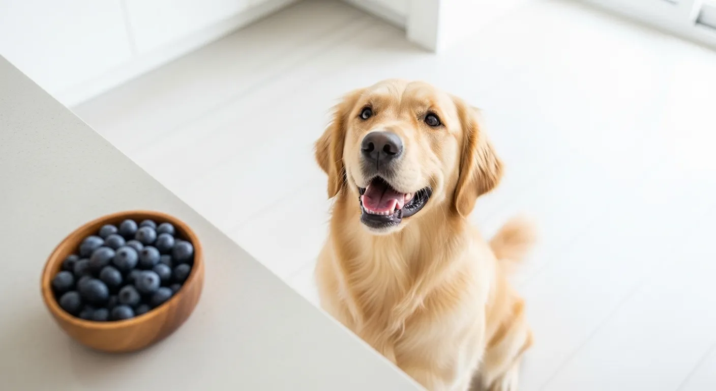 Golden retriever looking at a bowl of fresh blueberries on a kitchen counter