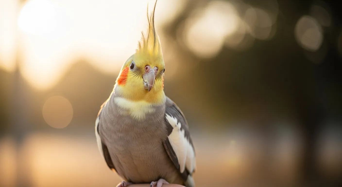 Cockatiel perched on owner's finger with crest raised, showing bonded behavior and trust