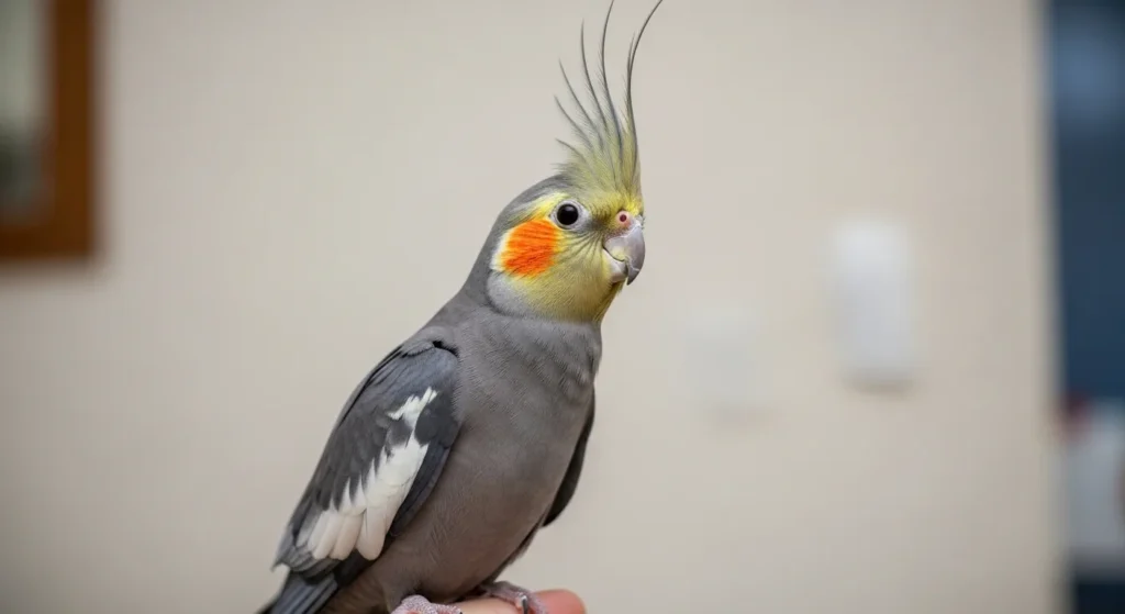 Gray cockatiel on finger.
