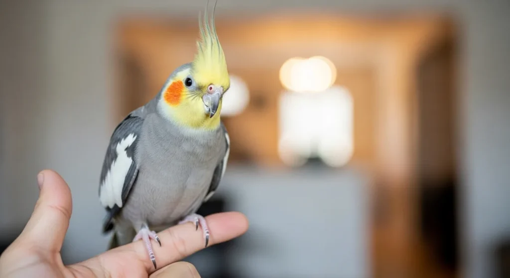Cockatiel stepping onto owner's finger during step-up training session