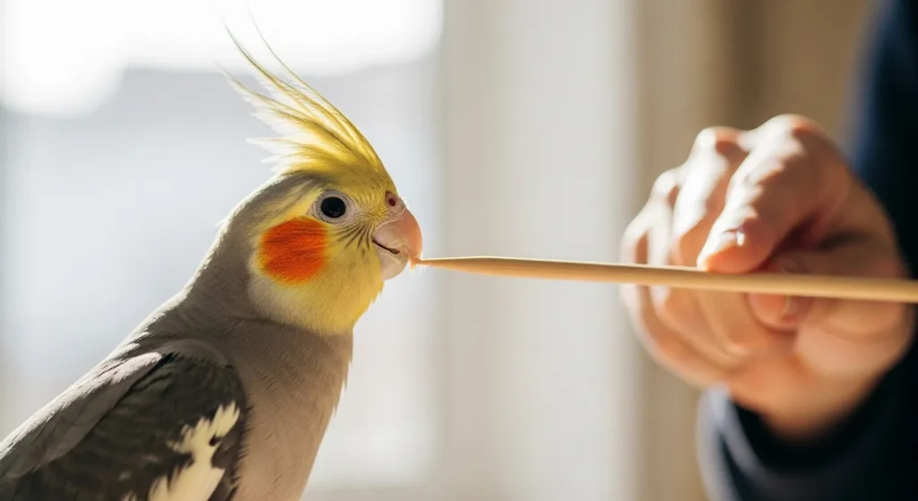 Cockatiel touching target training stick with beak during positive reinforcement training