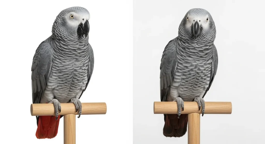 Congo African Grey parrot and Timneh African Grey parrot side by side showing size and tail color differences