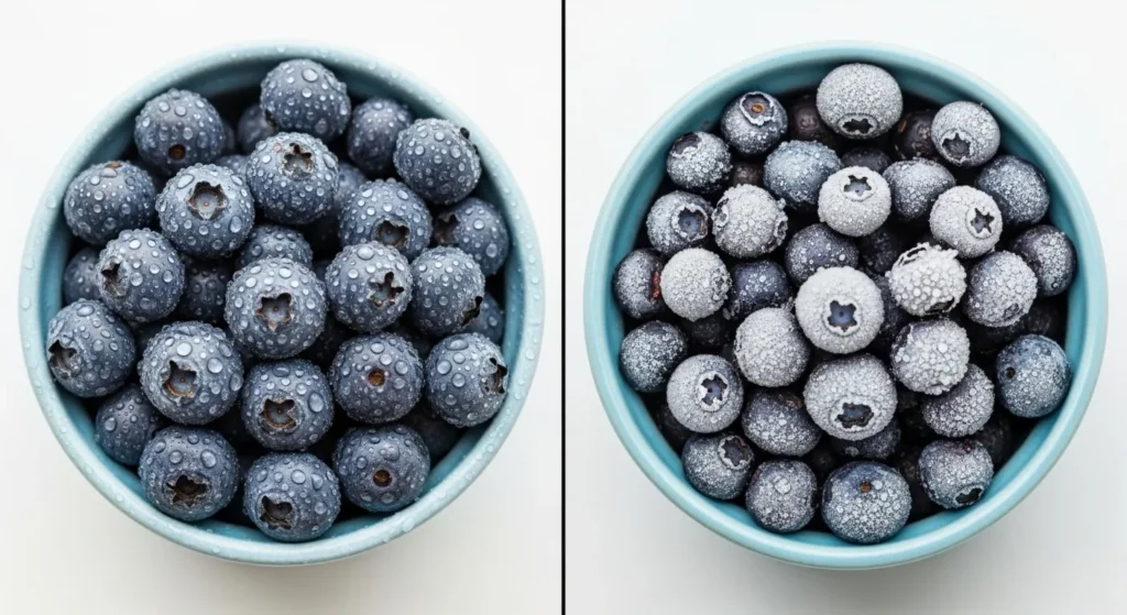 Fresh blueberries and frozen blueberries in bowls for dogs