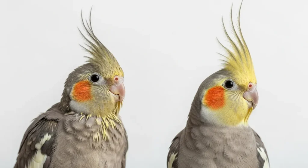 Juvenile cockatiel versus adult cockatiel showing age-related behavioral and physical differences