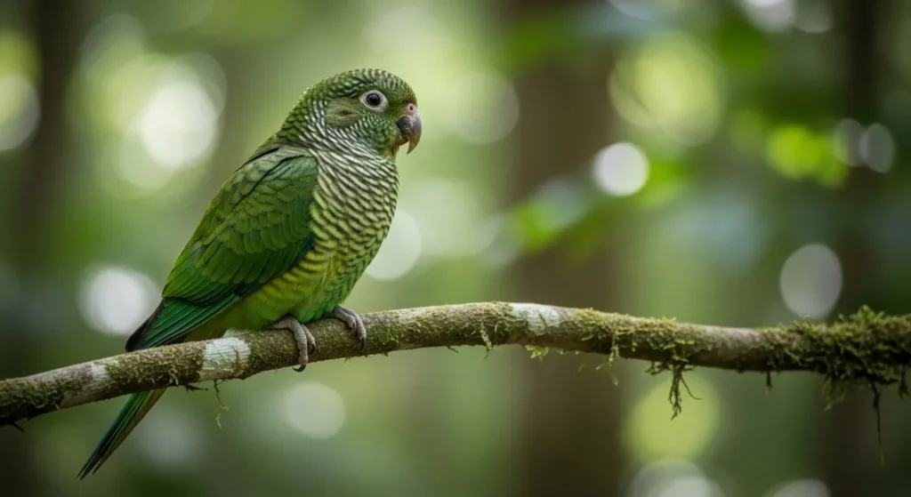 Green barred parakeet on branch.
