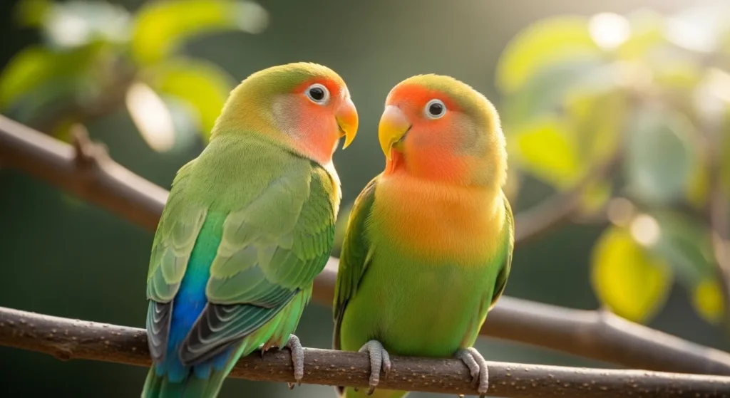 Colorful lovebird parrots.