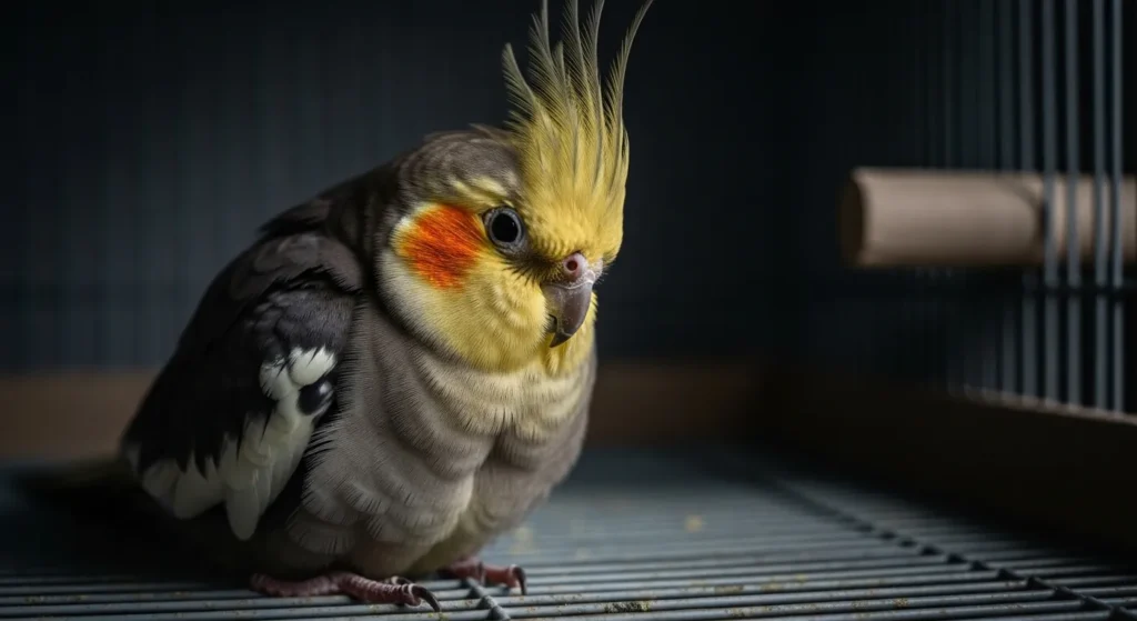 Sick cockatiel with puffed feathers sitting at cage bottom showing illness warning signs