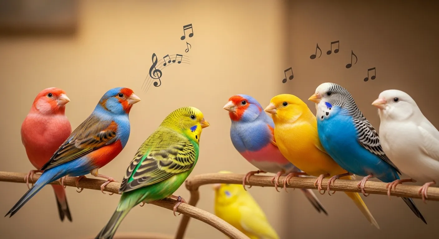 Seven singing birds on branches.