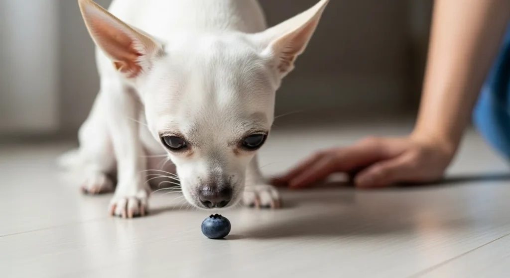 Small dog sniffing a blueberry on a wooden floor