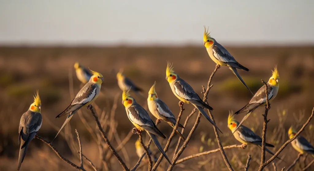 Wild cockatiels perched in Australian outback habitat showing natural flock behavior